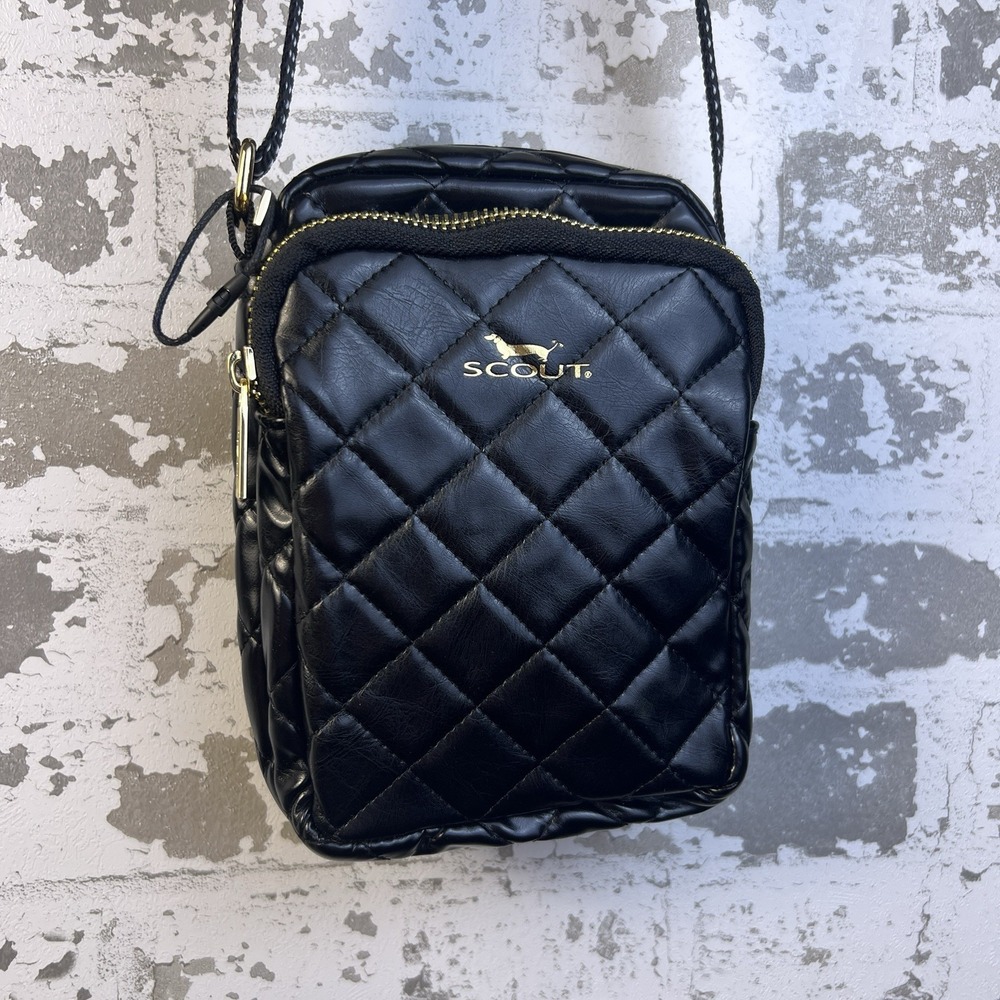 Scout The Micromanager Crossbody Bag Purse Shiny Black Gold Quilted Puffer Mini